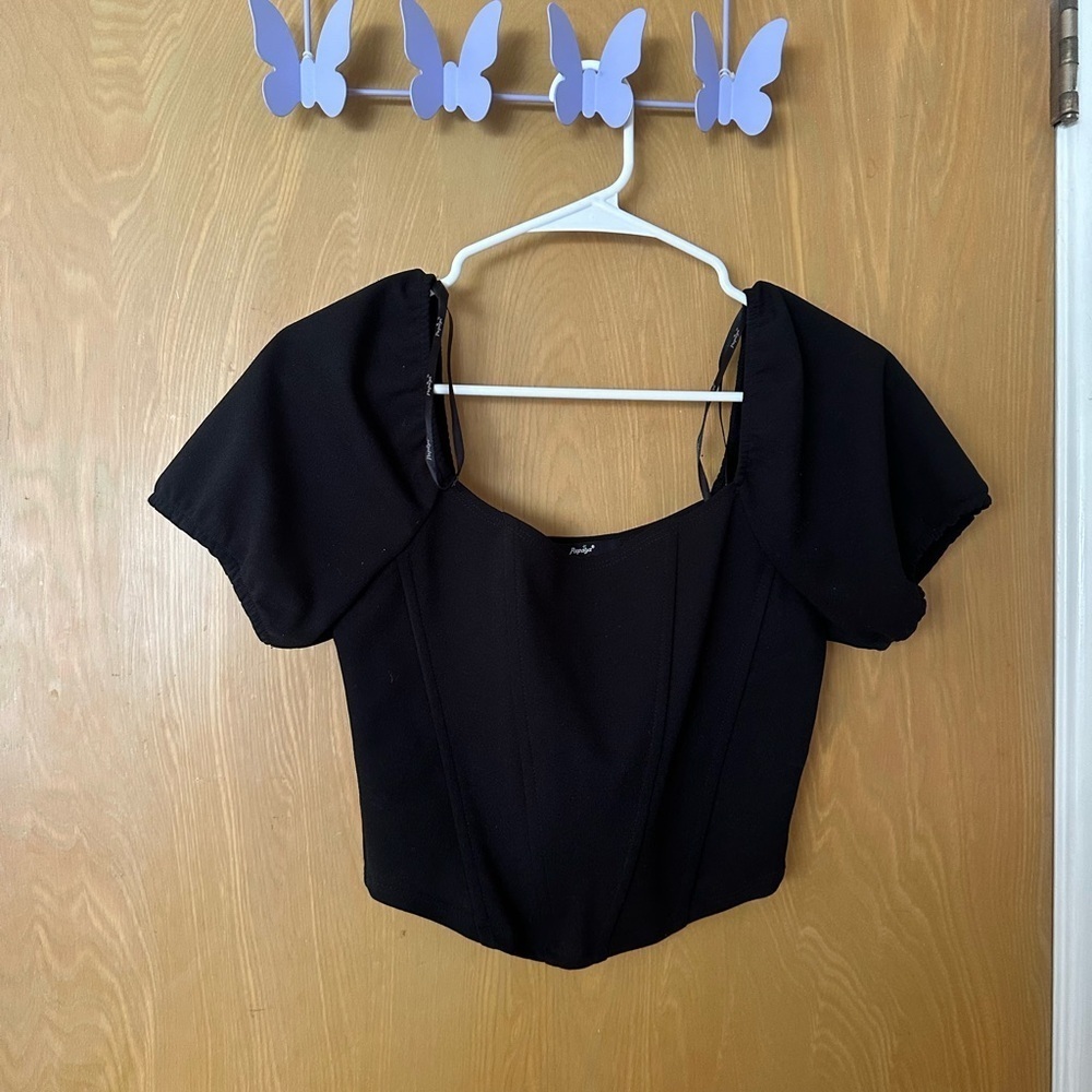 Corset Black Cropped Top with Puff Sleeves